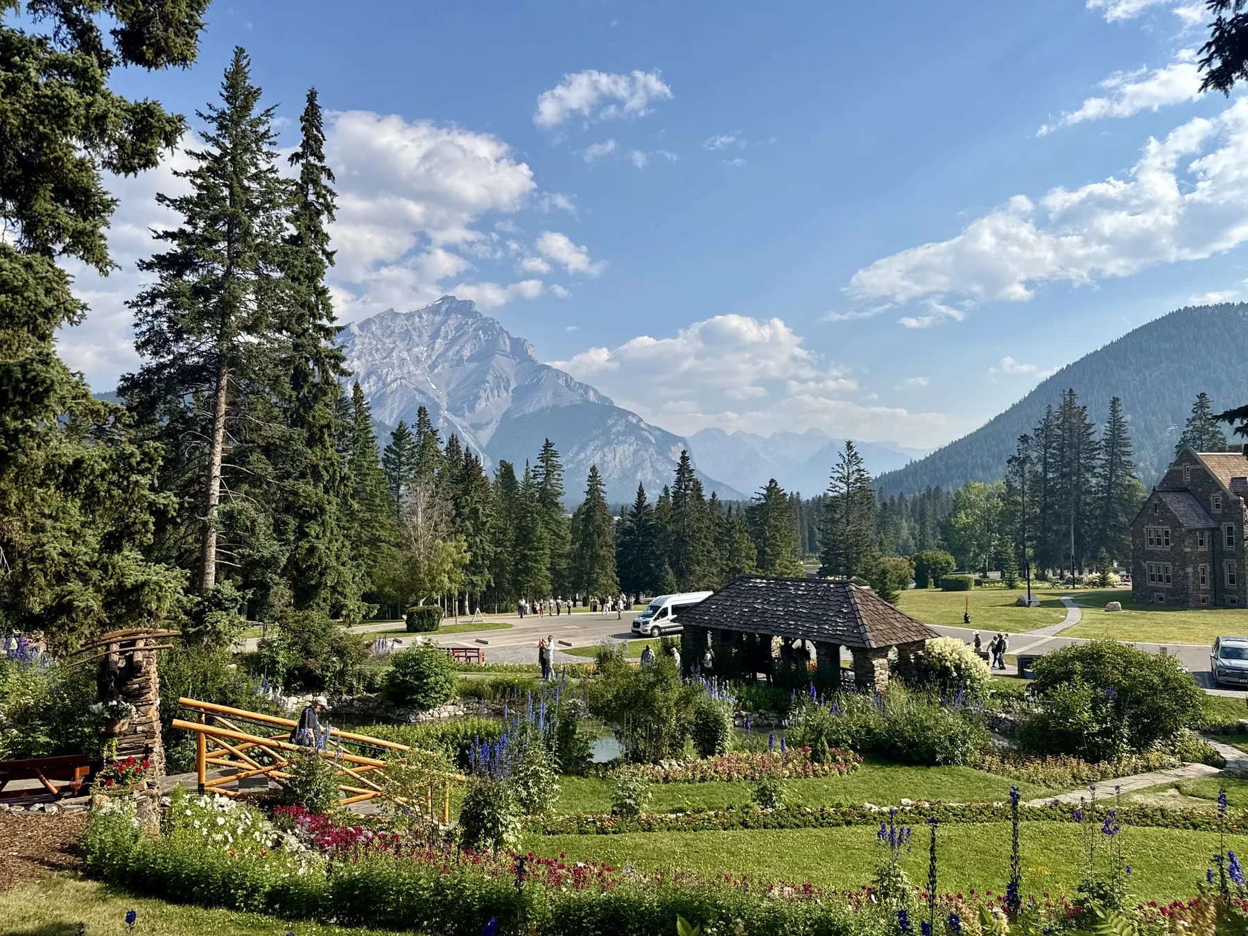 Cascades of Time Garden in Banff with mountains behind